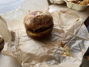 The “Bodega” sandwich: steak, egg, and cheese on plain bagel  at The Green Beautiful  in Manchester