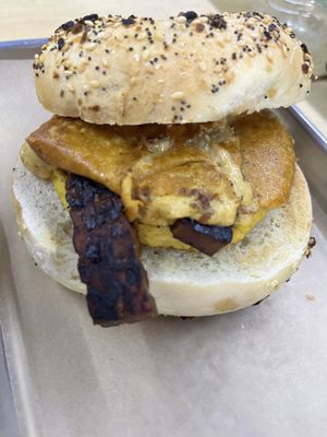 Classic Bodega Breakfast Sandwich on an everything bagel   at The Green Beautiful  in Manchester