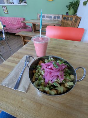 Truffle hash and a berry basic smoothie. at The Green Beautiful  in Manchester