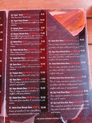 Menu at Saravanaa Bhavan in Hamburg