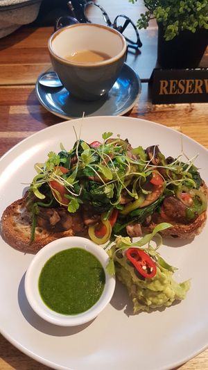 Vegan breakfast with avocado and vegan pesto at Sociale Cafe in West London