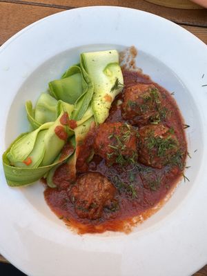 Vegan meatballs with zucchini tagliatelle   at Snow Restaurant in Sinaia