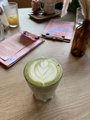 Matcha latte with oat #Veganuary at Feel Good Club in Manchester
