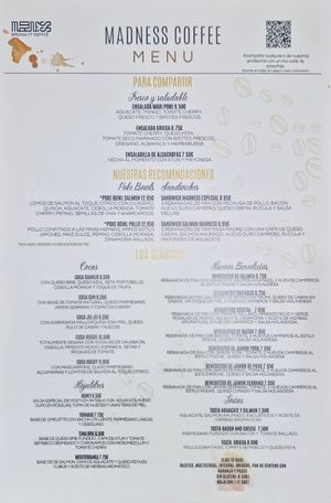 menu at Madness Specialty Coffee in Alicante