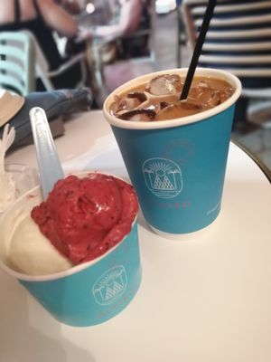 Forest fruit and banana sorbet. Iced coffee. at Alaska in Skiathos