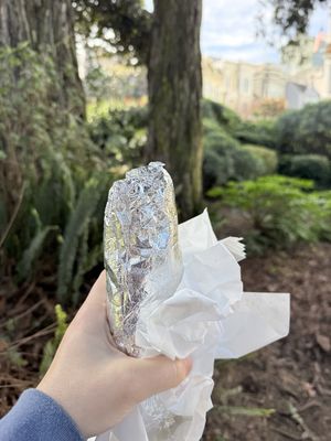 Breakfast burrito in park caddy corner from the market  at Blue Fog Market in San Francisco