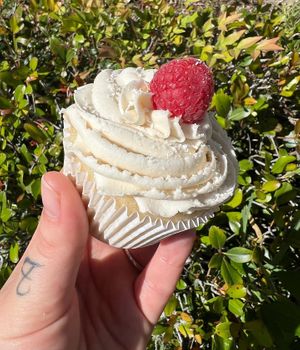 White chocolate raspberry cupcake  at Gaia Bakes in Ocala