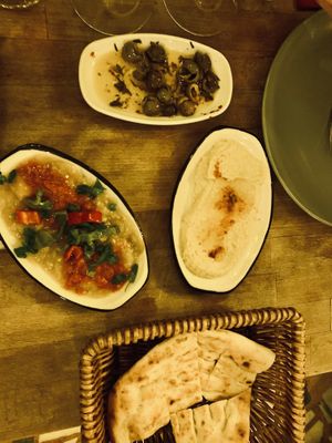 Olive, Shashuka & Hummus as starters   at Arch Bistro in Istanbul