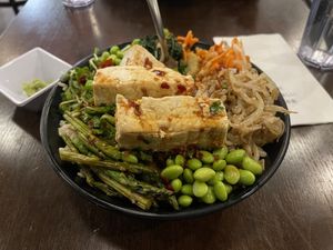 Mean Green Poke Bowl with added Tofu And Tempeh Asparagus  at Motomaki in Boulder
