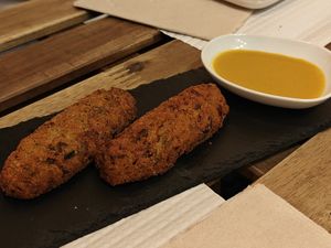 Yummy (and crunchy!) Croquettes — loved the mustard sauce. at Cheeky Leeks in Lisbon