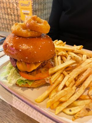 Hamburger with bacon and side of French fries at Cheeky Leeks in Lisbon