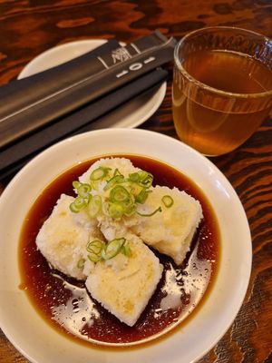 Agedashi tofu (lunch menu small plate option), kombucha, August 2023 at 101 Bistro in Budapest
