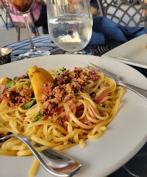 Pasta Primavera (with the tapenade for the bread tossed on top) at Blue Pointe Grille in Watkins Glen
