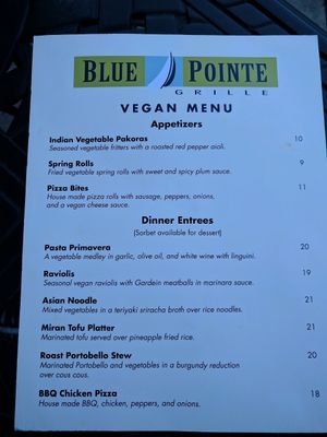 vegan menu as of 9/23/17 at Blue Pointe Grille in Watkins Glen