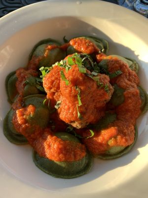 Vegan ravioli and gardein meatballs at Blue Pointe Grille in Watkins Glen