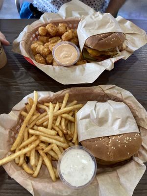 Burgers, tots, and fries. So delicious!  at Nice Burger in Long Beach