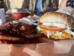 Fish burger with sweet potatoe fries  at Nice Burger in Long Beach
