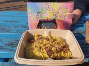 The best vegan Carbonara is The vegan witch Veganara at The Vegan Witch in Cambridge