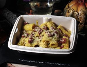 Creamy "carbonara" sauce, enriched with kala namak, vegan bacon, and our own parmesan at The Vegan Witch in Cambridge