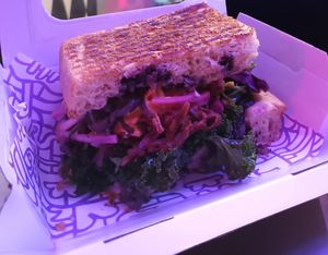 Mystical sandwich with focaccia buns at The Vegan Witch in Cambridge