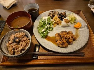 Chinese-style fried “chicken” (soy meat) set  at Horie Hakkoudou - 堀江発酵堂 in Osaka