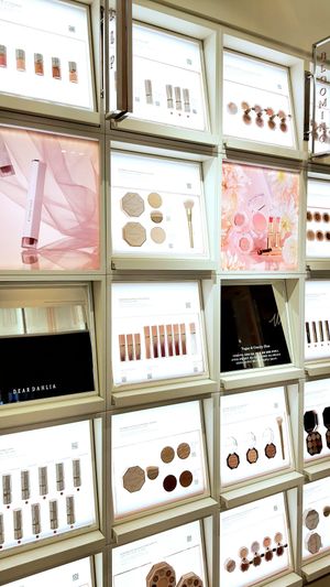 display of cosmetic products at Dear Dahlia - 디어달리아 카페 in Seoul