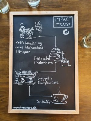 We serve Impact Trade coffee from Impact Roasters. The beans are bought directly from smallholder farmers in Ethiopia and freshly roasted in Copenhagen. at Emmylou Café in Copenhagen
