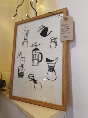 Linoleum coffee print by local artist. 300,- at Emmylou Café in Copenhagen