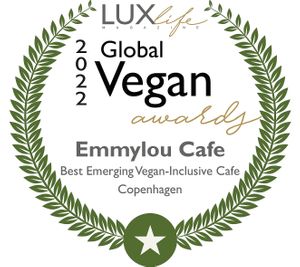 Proud recipient of LuxLife's Global Vegan Award for "Best Emerging Vegan-Inclusive Café - Copenhagen" at Emmylou Café in Copenhagen