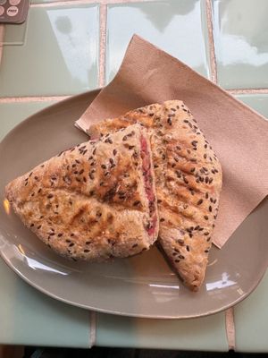 Grilled broccoli and beet hummus sandwich   at Emmylou Café in Copenhagen
