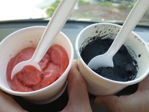 Strawberry Crunch ice cream and Tulsa Black ice cream at Scoops and Mini Desserts in Lawrenceville