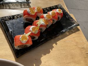 Vegan sushi with tomato topping  at Desoriente - Poblenou in Barcelona