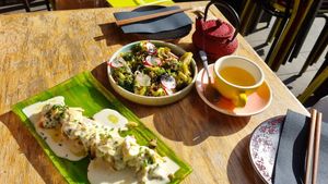 Broccoli starter and aubergine starter at Desoriente - Poblenou in Barcelona