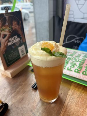 Bubble chai tea (cold) with passion fruit foam   at Desoriente - Poblenou in Barcelona