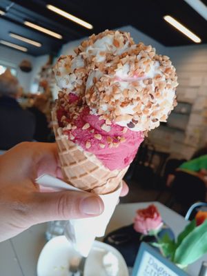 Coconut ice cream and raspberry sorbet at Go Bua Funäsdalen in Funasdalen