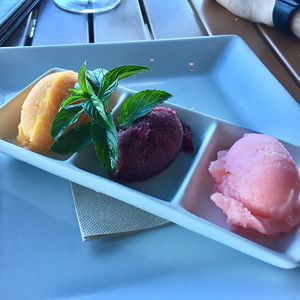 Trio of sorbets: Mango, Cabernet and Blood Orange  at The Veraisons Restaurant in Dundee