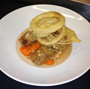 Winter Menu 2014: Vegan Bangers & Mash, house-made apple sage sausages, parsnip & carrot mash, Cabernet Franc leek & thyme jus, onion rings at The Veraisons Restaurant in Dundee