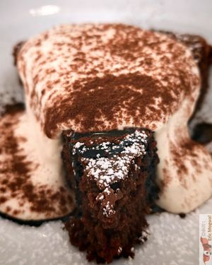 almond and chocolate moelleux, with a Tonka bean cream. at Brocoli in Lyon