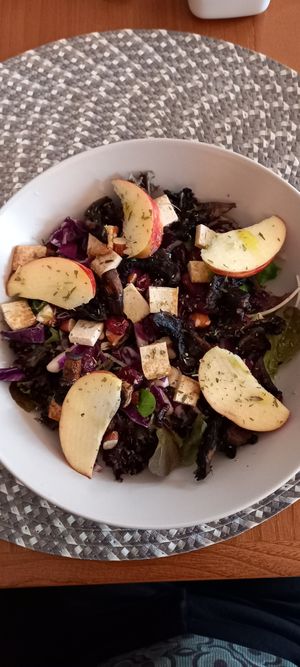 Colorful salad with tofu, cranberry, apples, nuts and mushrooms. at Casa de Chá In'fusão in Manteigas