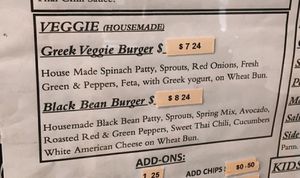 greek veggie is vegetarian, black bean is vegetarian can be made vegan  at That One Spot Burger in Ocoee
