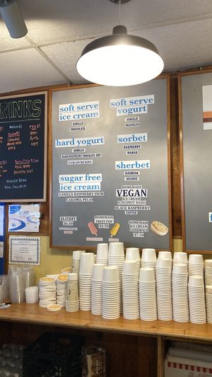 Menu with clearly labeled vegan flavors    at Lewis Brothers Homemade Ice Cream in Provincetown