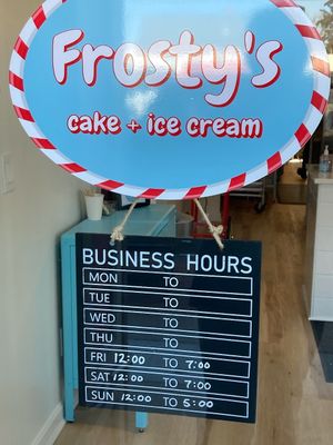 Hours in February 2023 at Frosty's Cake and Ice Cream in Lakewood