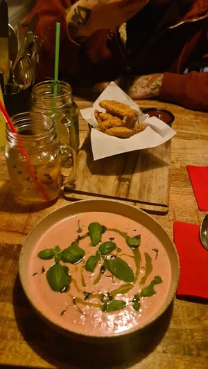 Soup (very creamy) + "chicken" tenderz  at Vegan Pizza Bar in The Hague