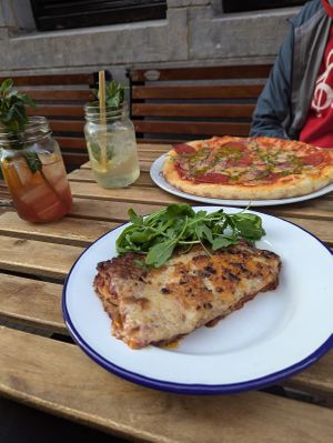 Classic Lasagna, Sala Mommy Pizza, Flower blossom and berry lemonades at Vegan Pizza Bar in The Hague