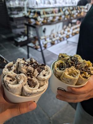 Banana and dark chocolate (left) and mango, peanut butter and dakf chocolate (right) ice cream rolls at IceRoll in Rhodes
