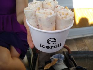 Ice rolls with peach, banana and gojie berries at IceRoll in Rhodes