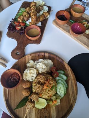 Nasi goreng, green earth skewers, veggie dumplings at Green Earth in Dubai
