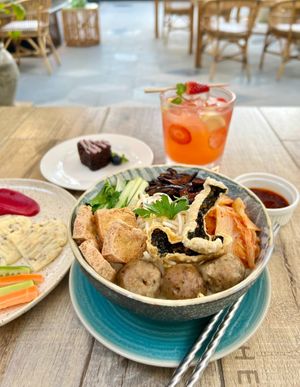 Creamy noodle soup at Green Earth in Dubai