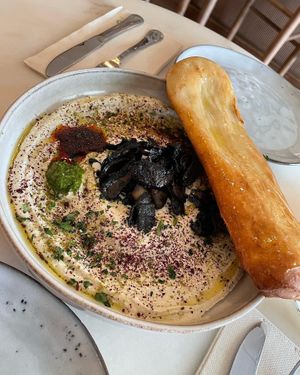 Hummus and mushrooms at SHOSH in Lisbon