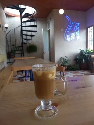 Cappuccino with almond mylk at the 2nd floor at Tejón Heladería Mexicana in Tepoztlan